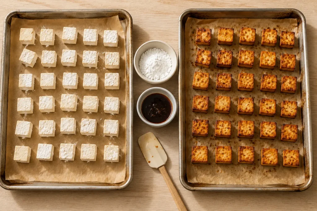 Two parchment lined sheet pans side by side showing pale raw cornstarch coated tofu cubes on the left and deeply golden baked crispy tofu cubes on the right.