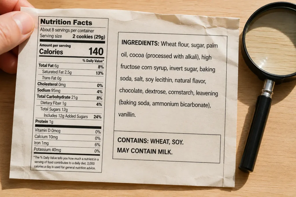 Overhead view of a generic cookie ingredient label on a wood surface showing the recipe ingredients in the main list and a separate may contain milk allergen warning at the bottom.