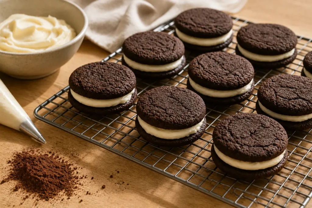 Wire cooling rack on a wood counter holding homemade vegan double chocolate sandwich cookies with thick pale creme filling, beside a bowl of extra creme and a piping bag.