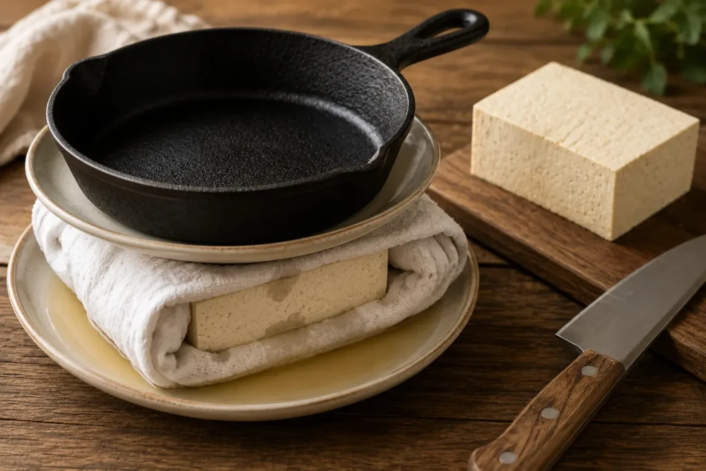 Block of extra firm tofu wrapped in a kitchen towel on a plate, weighted down by a second plate and a cast iron skillet, with pressed out water visible underneath.