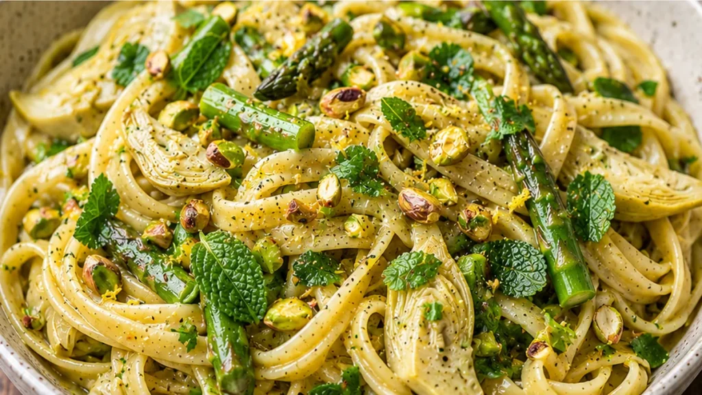 Lemon Artichoke Pasta Dream! Discover this Lemony Artichoke Pasta with Asparagus Pistachio Pesto. Crispy artichokes and fresh herbs create a vibrant, flavorful