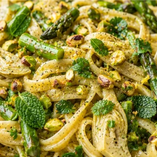 Lemon Artichoke Pasta Dream! Discover this Lemony Artichoke Pasta with Asparagus Pistachio Pesto. Crispy artichokes and fresh herbs create a vibrant, flavorful