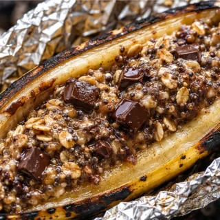 Campfire Bananas: Cookie Dough Dreams! Discover ultimate campfire bananas stuffed with oatmeal chocolate chip cookie dough. Easy to make on the grill or coals f
