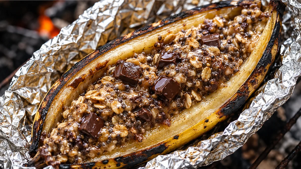 Campfire Bananas: Cookie Dough Dreams! Discover ultimate campfire bananas stuffed with oatmeal chocolate chip cookie dough. Easy to make on the grill or coals f