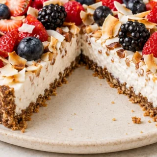 Dreamy Coconut Tart: No Fuss, Pure Bliss! Discover this no-fuss healthy coconut tart recipe! A creamy coconut filling on a nutty date crust, topped with fresh b