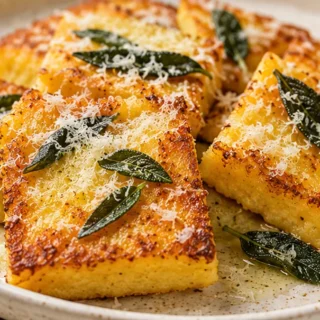 Crispy Cheesy Polenta Dream! - fried polenta - Discover crispy fried polenta perfection! Loaded with cheese and paired with balsamic Brussels sprouts and garlic