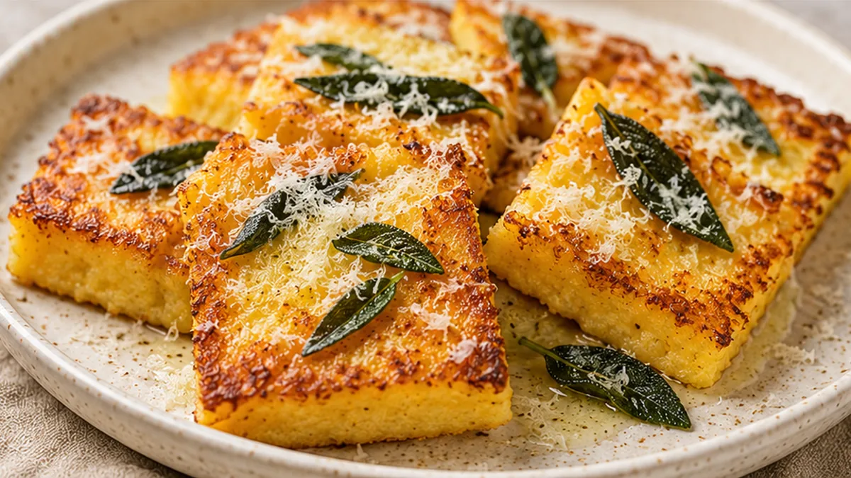 Crispy Cheesy Polenta Dream! - fried polenta - Discover crispy fried polenta perfection! Loaded with cheese and paired with balsamic Brussels sprouts and garlic