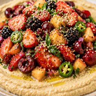 Juicy Fruit Salsa & Creamy Miso Hummus - Fruit salsa recipe: Make this vibrant, juicy summer salsa paired with creamy miso hummus in under 30 minutes. The best