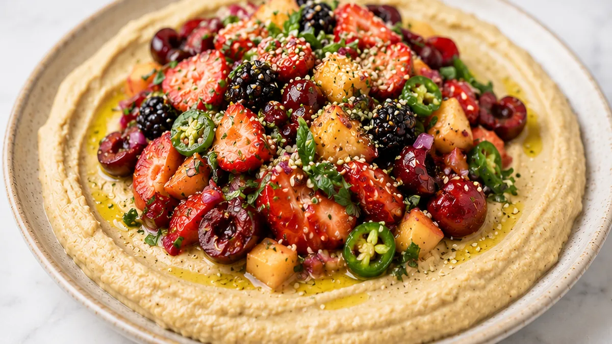 Juicy Fruit Salsa & Creamy Miso Hummus - Fruit salsa recipe: Make this vibrant, juicy summer salsa paired with creamy miso hummus in under 30 minutes. The best