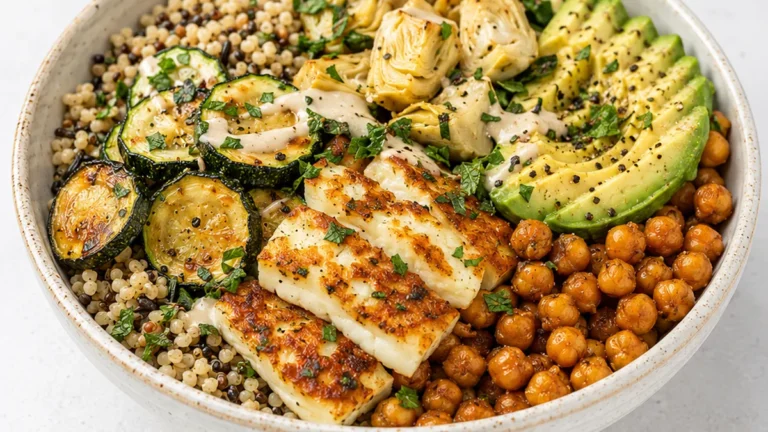 Goddess Grain Bowl: Fried Zucchini & Halloumi
