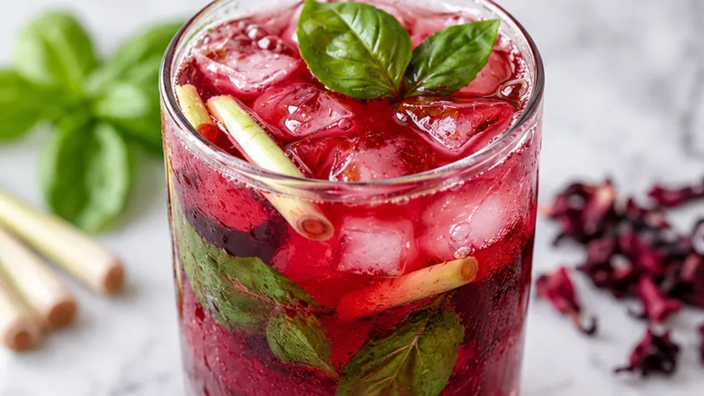 Hibiscus Lemongrass Basil Honey Iced Tea - hibiscus tea - Discover the ultimate hibiscus tea recipe! This refreshing iced tea with lemongrass, basil, and honey