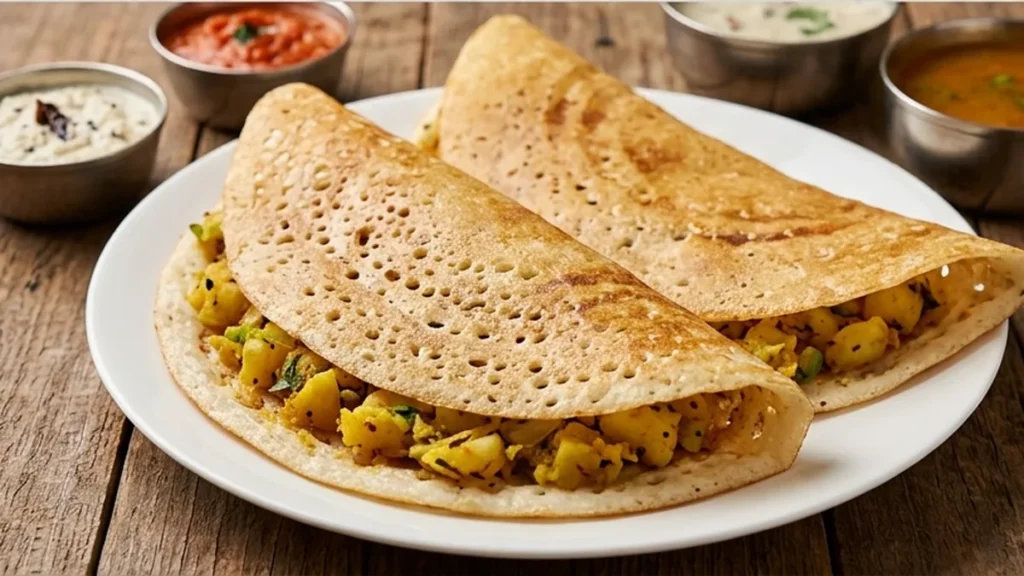 Delicious Indian Crepes with Zesty Veggie Masala - Indian crepes: Try these crispy Rava Dosas filled with vibrant Summer Squash & Tomato Chickpea Masala. A perf