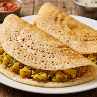 Delicious Indian Crepes with Zesty Veggie Masala - Indian crepes: Try these crispy Rava Dosas filled with vibrant Summer Squash & Tomato Chickpea Masala. A perf