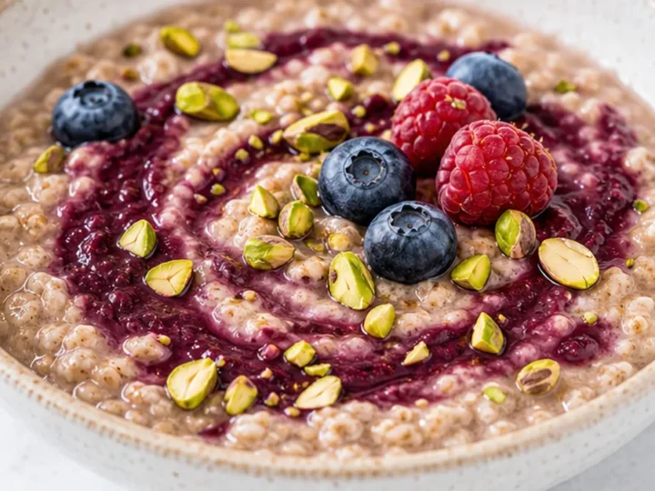 Black Tea Oatmeal with Acai Swirl & Pistachio