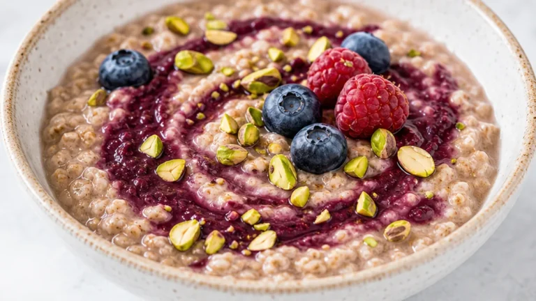 Black Tea Oatmeal with Acai Swirl & Pistachio