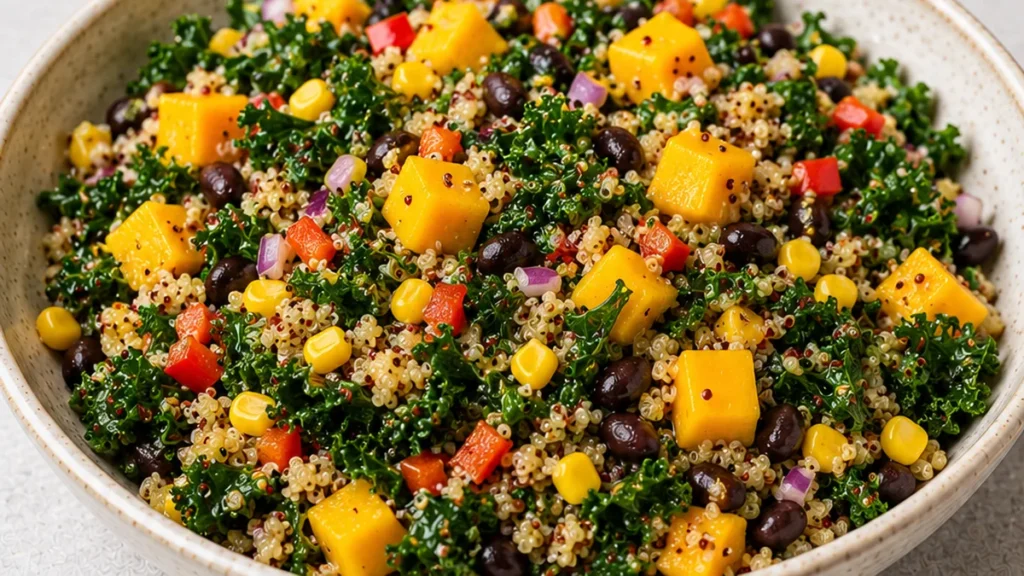 Southwest Mango Kale Quinoa Salad - kale salad - Kale salad: Make this vibrant Southwest Mango Kale Quinoa Salad recipe in under 30 minutes. Packed with flavor