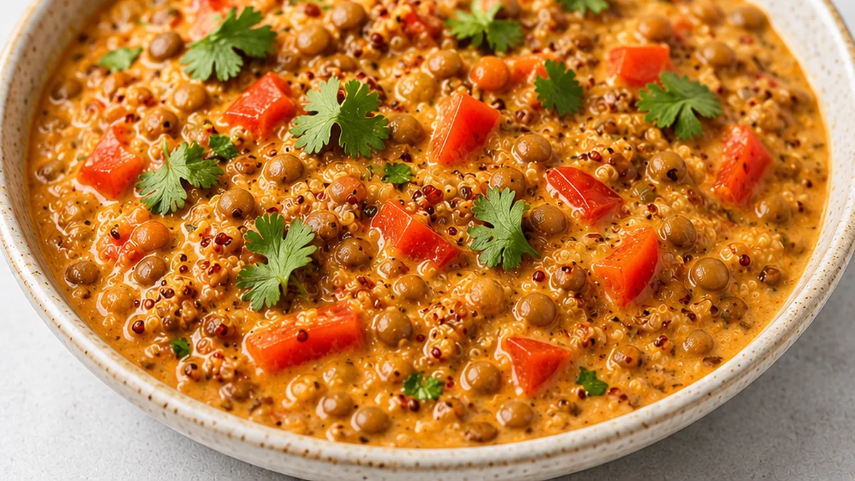 Creamy Coconut Lentil & Quinoa Curry - lentil curry - Lentil curry: Whip up this creamy, flavorful coconut and quinoa curry in under 35 minutes. Healthy, vegan-