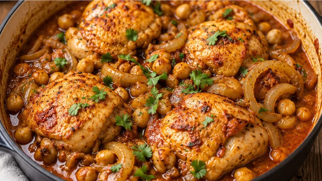 One Pot Moroccan Chicken Recipe - Discover this ultimate one-pot Moroccan chicken recipe! Tender chicken, chickpeas, aromatic spices, and pistachio couscous wit