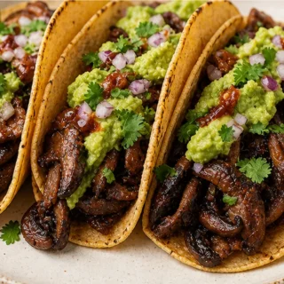 Viral Mushroom Tacos with Creamy Avocado! Discover the best mushroom tacos recipe! Easy to make with smoky marinated mushrooms and creamy lime avocado. Perfect