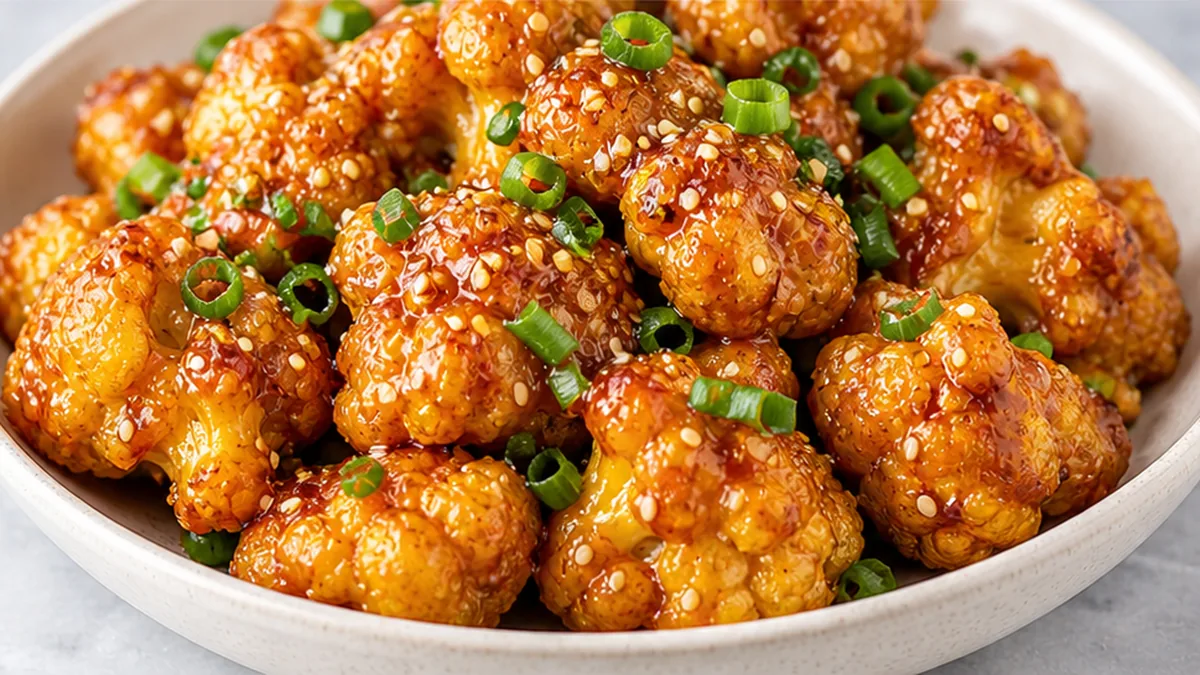 Crispy Sesame Orange Cauliflower Bites! Discover the ultimate baked sesame orange cauliflower recipe! Crispy florets coated in a tangy glaze. Easy to make and i