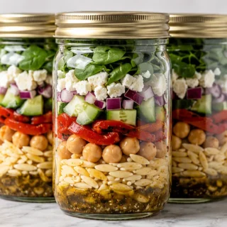 ️ Mediterranean Orzo Salad Jars - pasta salad - Discover this vibrant layered Mediterranean Pasta Salad in jars! Easy, healthy, and perfect for on-the-go meals.