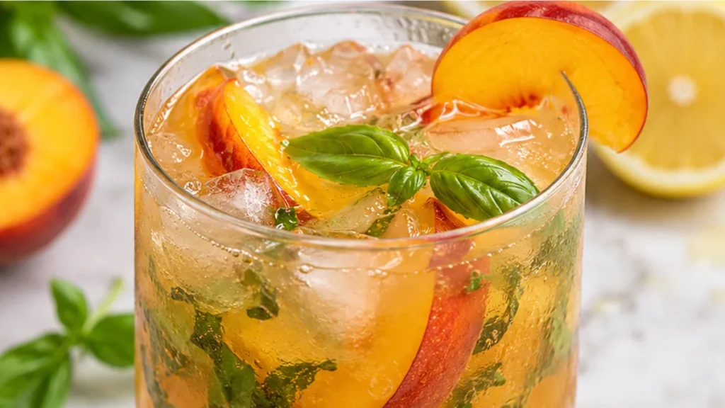 Peach Basil Arnold Palmer: Summer Sip - Discover the ultimate Peach Basil Arnold Palmer! This refreshing drink blends grilled peaches, fresh basil, lemon, and h
