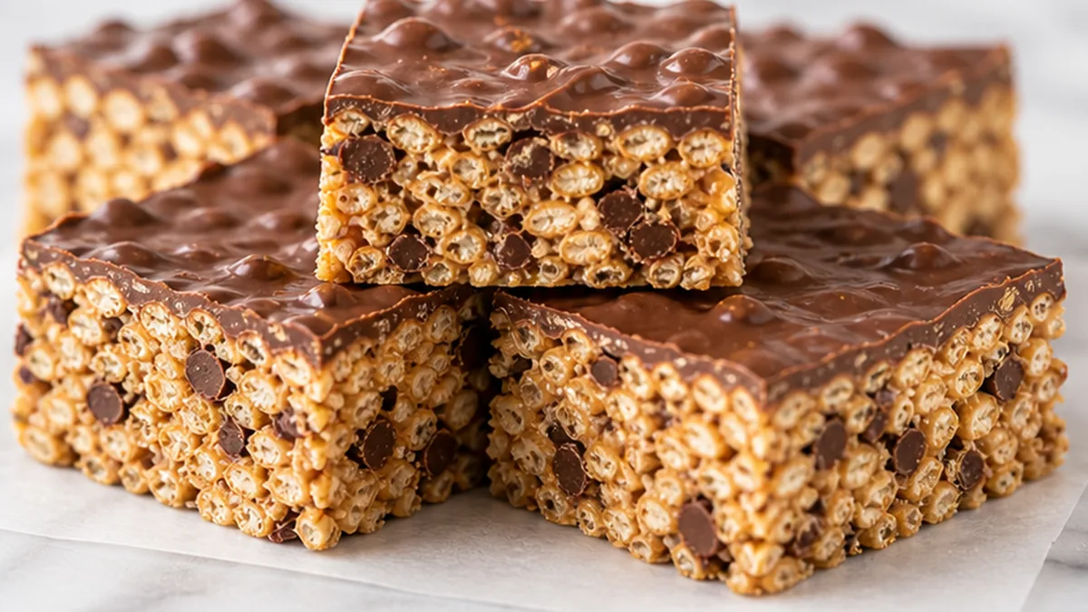 Chocolate Peanut Butter Crispy Treats - Discover the ultimate peanut butter crispy treats! Easy to make, no-bake recipe with chocolate and rice crisps. Perfect
