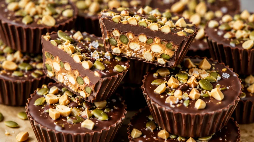 Fall Peanut Butter Cups with Pumpkin Seed Crunch - Discover the ultimate fall treat! Easy Peanut Butter Cups with crunchy pumpkin seed candy and creamy peanut b