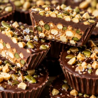 Fall Peanut Butter Cups with Pumpkin Seed Crunch - Discover the ultimate fall treat! Easy Peanut Butter Cups with crunchy pumpkin seed candy and creamy peanut b