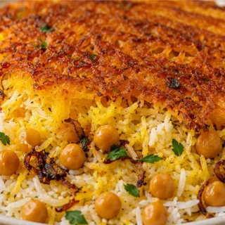 Crispy Persian Rice (Tahdig) with Golden Chickpeas