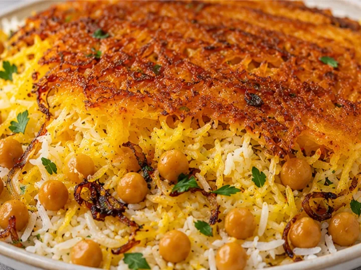 Crispy Persian Rice (Tahdig) with Golden Chickpeas