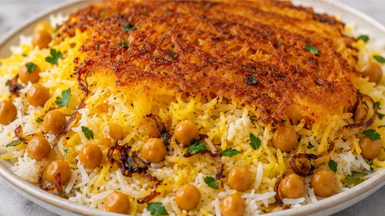 Crispy Persian Rice (Tahdig) with Golden Chickpeas