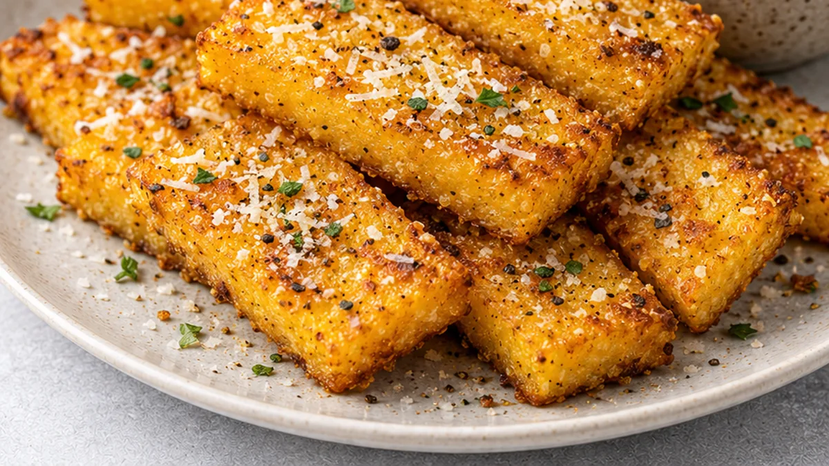 Crispy Parmesan Polenta Chips Recipe - Discover how to make crispy, grilled polenta chips! This easy recipe features Parmesan cheese and a perfect crunch. Serve
