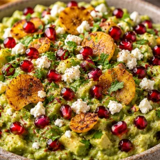 Pomegranate Guacamole: A Tropical Fiesta! Discover the ultimate Pomegranate Guacamole! Creamy avocados, juicy pomegranate, spicy jalapeño, and crispy plantain c