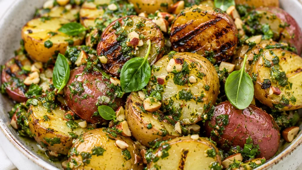 Smoky Grilled Potato Salad with Almond Chimichurri - Discover the ultimate grilled potato salad! Tender, smoky potatoes with a zesty almond-basil chimichurri an