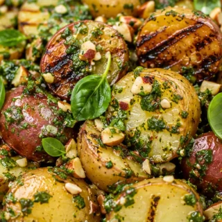 Smoky Grilled Potato Salad with Almond Chimichurri - Discover the ultimate grilled potato salad! Tender, smoky potatoes with a zesty almond-basil chimichurri an