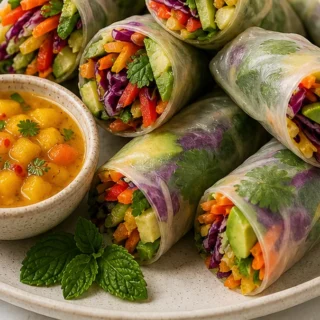 Crispy Veggie Spring Rolls with Mango Dip - Discover our ultimate spring rolls recipe! Fresh veggies, creamy avocado, and a dreamy Thai mango dipping sauce. Per