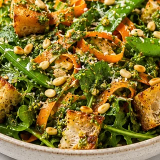 Vibrant Spring Salad with Zesty Carrot Top Pesto - Spring salad with carrot top pesto: Make this vibrant and easy salad in under 30 minutes. Features fresh vegg