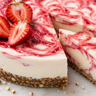 Strawberry Ripple Almond Cheesecake Recipe - strawberry cheesecake - Strawberry cheesecake: Try this ultimate amazing no-bake recipe with a creamy almond fillin