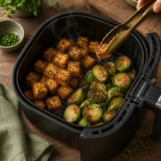 Open air-fryer basket of crispy tofu cubes and roasted brussels sprouts, golden caramelized