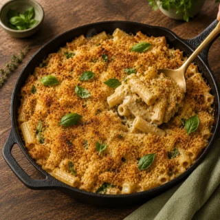 Round cast-iron skillet of vegan baked ziti with golden cashew-yease crust, fresh basil