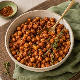 Small ivory bowl of roasted chickpeas with smoked paprika and sea salt, crispy golden-brown