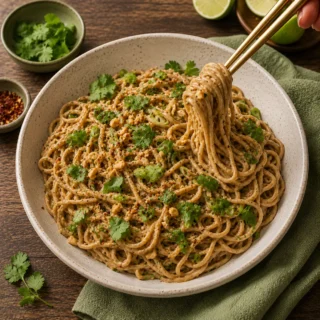 Wide bowl of soba noodles in creamy peanut sauce with cilantro, scallions, red-pepper flakes