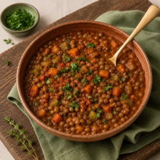 Deep stoneware bowl of hearty lentil stew with carrots, celery, smoked paprika, fresh parsley