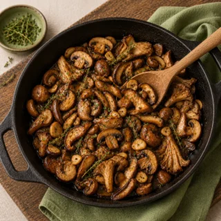 Black skillet of mixed seared mushrooms with garlic slivers, fresh thyme, soy-deglaze