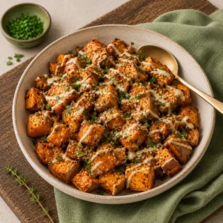 Wide stoneware bowl of roasted sweet-potato cubes drizzled with maple-tahini, sesame seeds