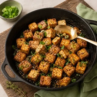 Black skillet of golden-seared tofu cubes with sesame seeds, scallions, soy-ginger sauce