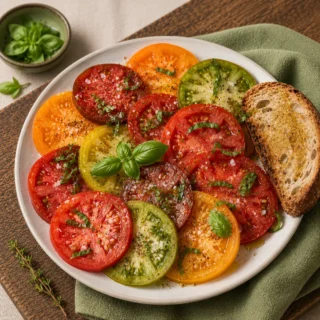 Round white plate of overlapping heirloom tomato slices in red, yellow, green, with basil