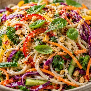 Rainbow Thai Basil Noodle Salad - thai noodle - Discover this vibrant Thai Noodle Salad! A delicious blend of fresh veggies, rice noodles, and a zesty sesame vi