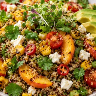 Thai Grilled Corn & Peach Quinoa Salad: Your Tastebuds Will Sing! - thai salad - Thai salad: Make this vibrant grilled corn and peach quinoa salad in 30 minutes